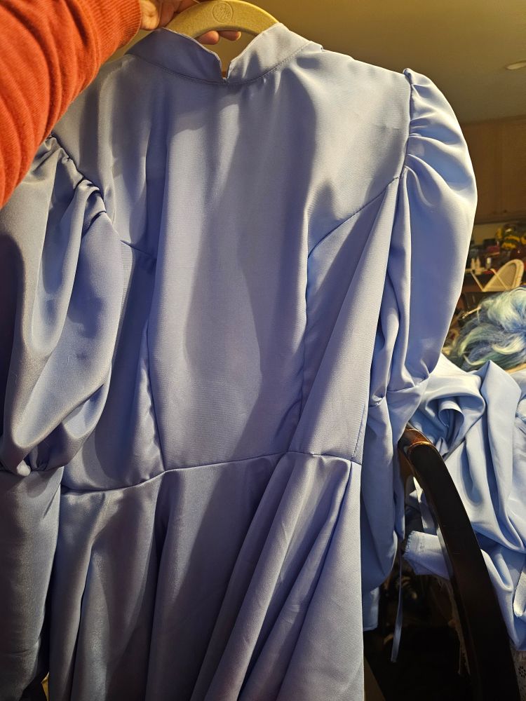 A puff sleeved and princess seamed dress with a full skirt being held up on a hanger