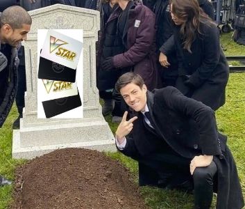 Man making a peace sign over a grave meme with Vstar cards over the headstone where the name would be celebrating the rotation of Vstar cards on PTCGL today