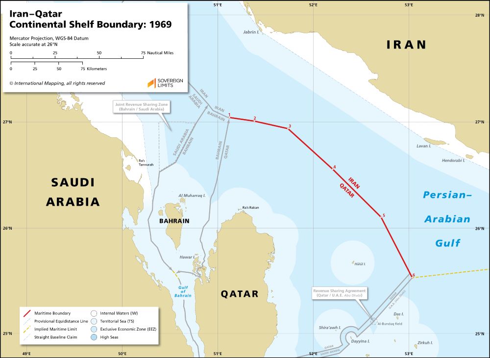 A map showing the maritime border between Iran and Qatar running up the middle of the Gulf. At their closest, the land territories of the two countries seem about 200 km apart.