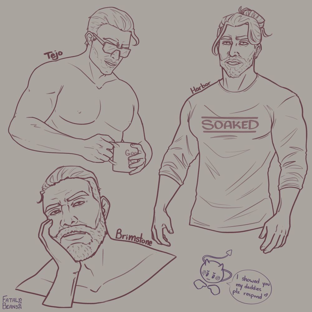 digital sketch of valorant agents tejo, harbor, and brimstone