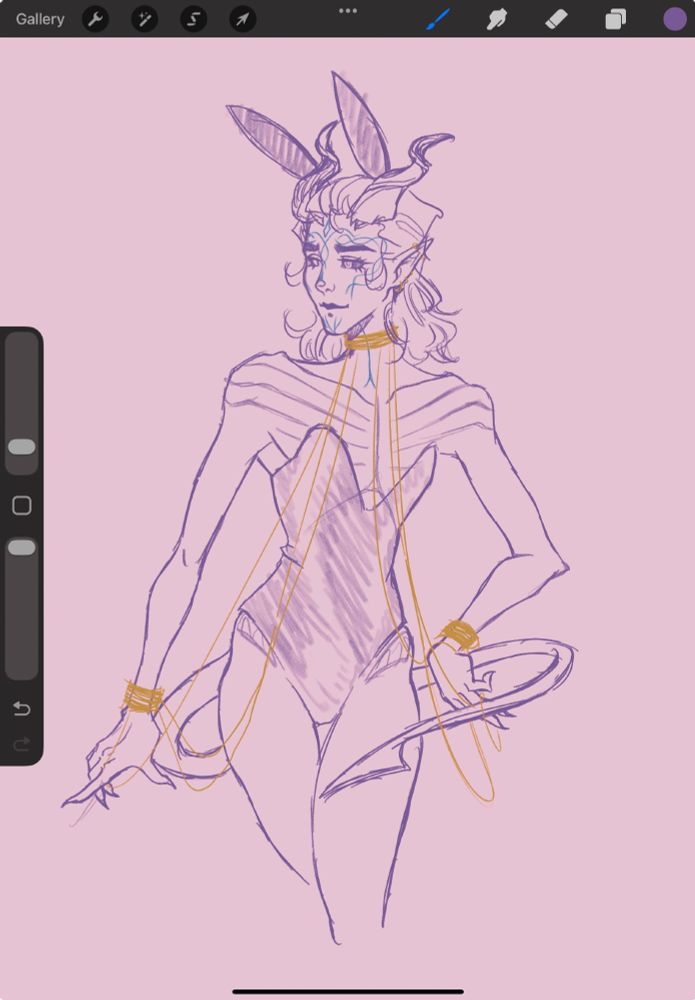 Sketch of Mephis  in  a bunny suit- He is wearing a golden choker which is attached to two thick golden cuffs with 6 chains (3 on  each side) His Tail   is swishing around him.


DO YOU KNOW WHAT GOES INTO THAT THIGH GAP?! I know because we fucking dig Intercrural sex in  this household- WHY  DO YOU THINK HE IS WEARING THAT SHORT SKORT THING IN  THE GAME?!! 