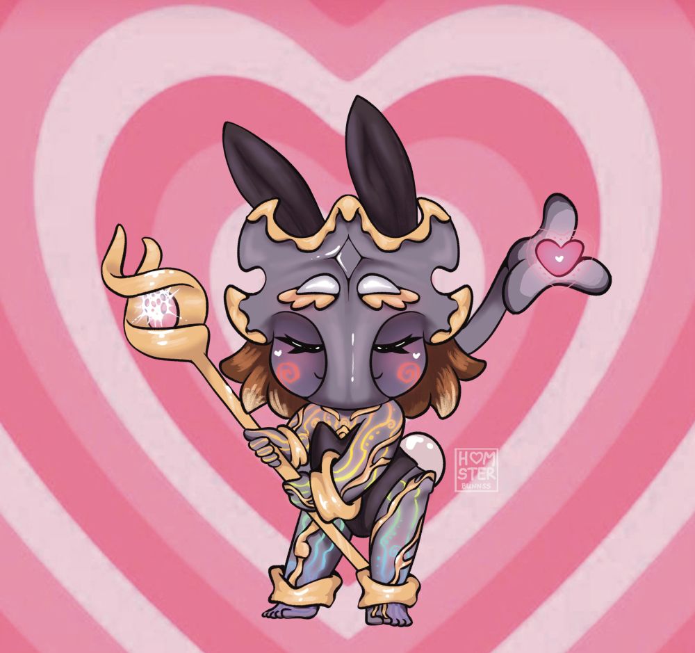 Arcane Herald Viktor in a little bunny suit, posing with his staff between his legs in fron of a heart boom backround
