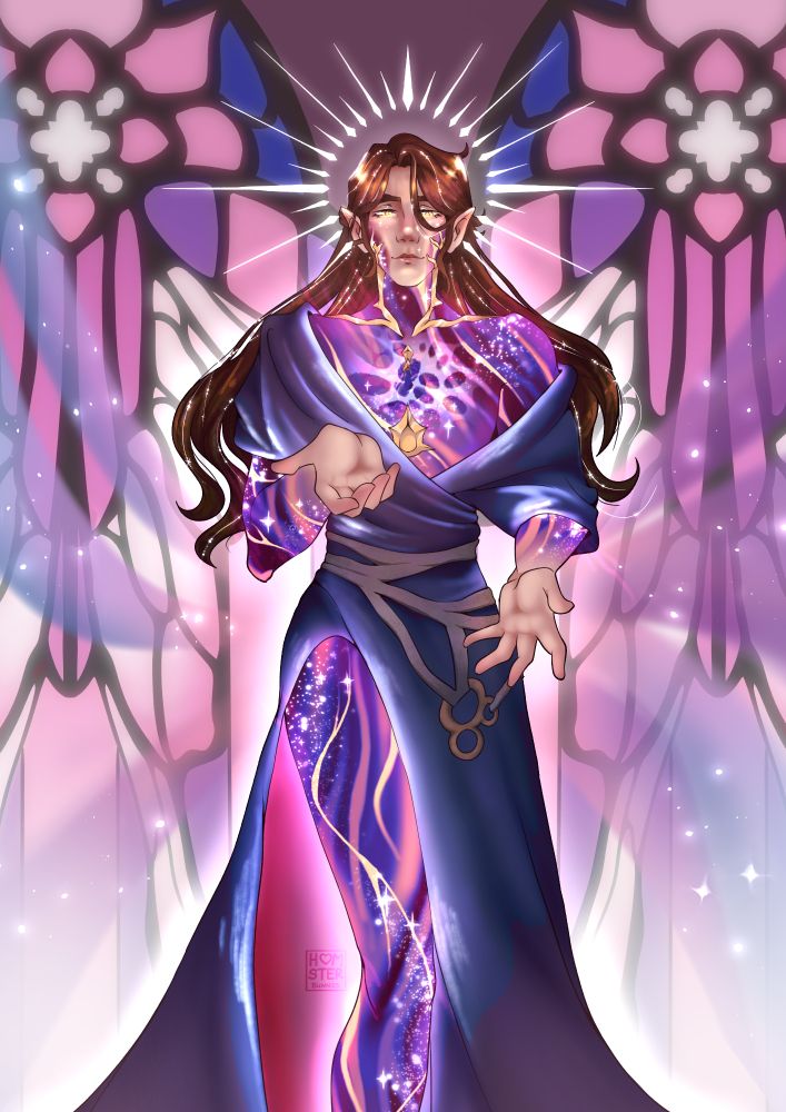 Viktor, in front of Stained glass windows, reaching his hand foward. His Body almost completely in a celestial form and draped in a blue robe. (we all know its that damn blanket) 