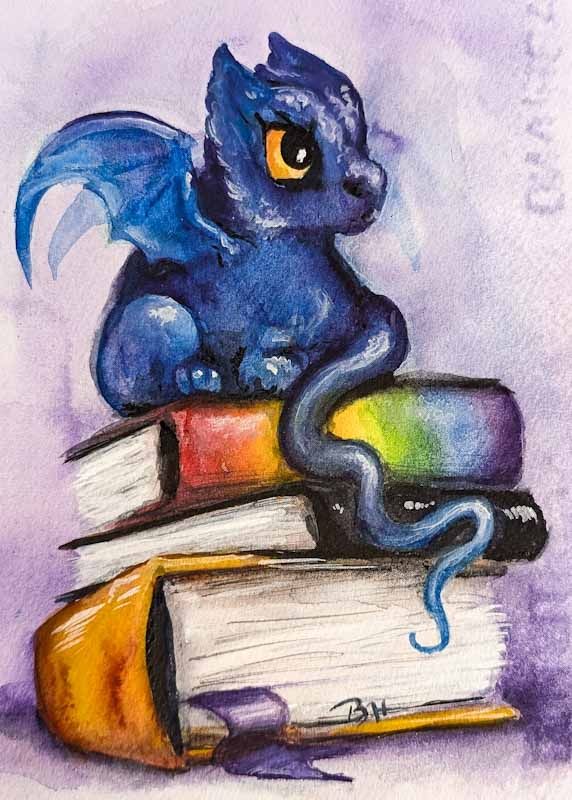 Watercolor illustration of an angry blue dragon sitting on a stack of three books in a classic attitude - loaf position. Bottom book is an amber shade, middle is charcoal grey leaning to black, and top book has a rainbow spine. Her tail appears to be twitching, much like a cat who is  contemplating mayhem.