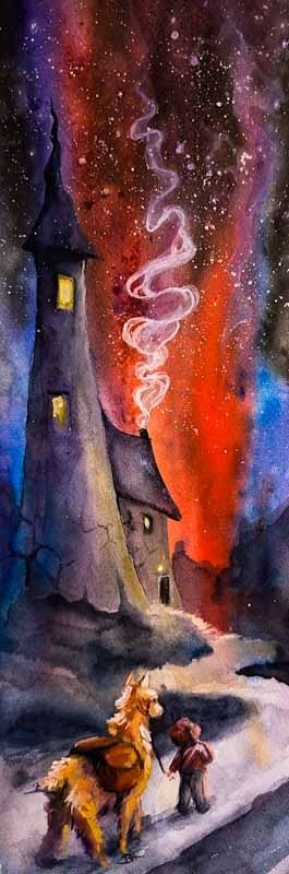 Watercolor illustration.
A child leads a llama with several packs on it up a winding road. Ahead of them stands a dark and somewhat creepy castle with a tall tower. The night sky behind is lit with an aurora in reds and blues.