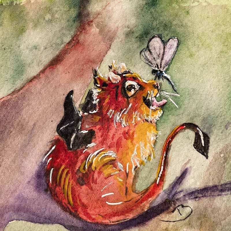 Watercolor illustration of a fuzzy red devil cat with a dragonfly perched on its nose. Devil cat appears to be trying to stick their tongue out far enough to catch and eat dragonfly.