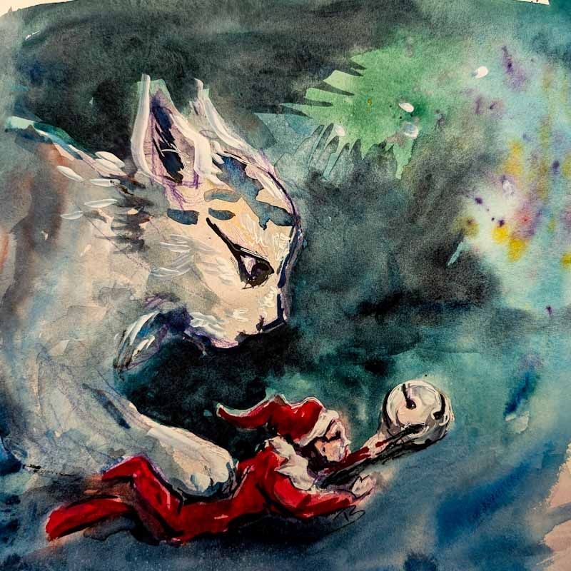 Rough watercolor sketch of a grey housecat glaring menacingly at the elf-on-a-shelf that he has trapped under his paw.