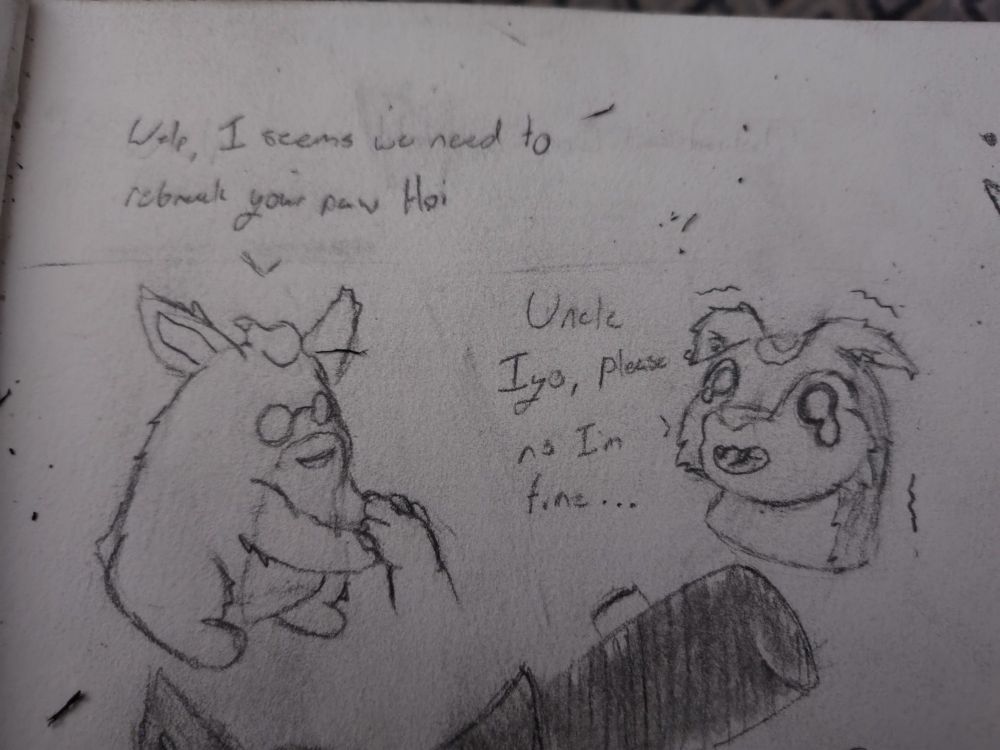 "Welp, it seems we need to rebreak your paw Hoi"

"Uncle Iyo, please no, I'm fine"