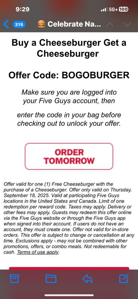 Five Guys cheeseburger bogo code. Online only.

BOGOBURGER