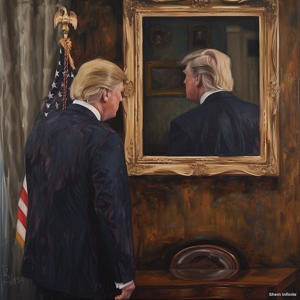AI generated image by Shem Infinite. The prompt was to show Trump looking at a painting of himself. To me, this is perfect, simply perfect.