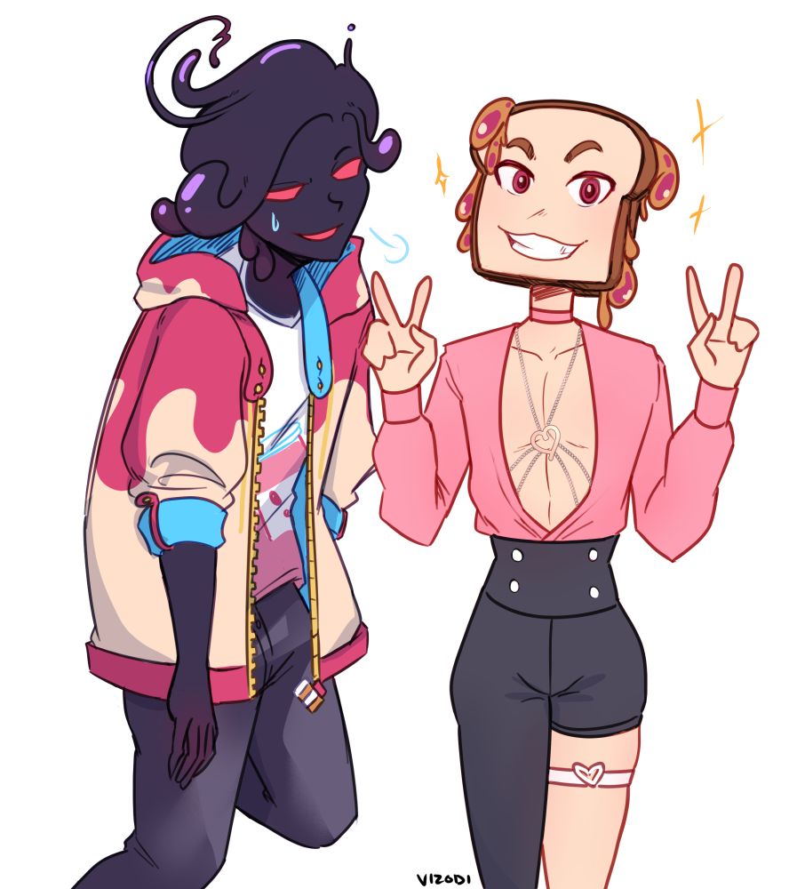 Vizodi's sona (Ori) and Jebby (@pbandjebby.bsky.social‬) swapping outfits.