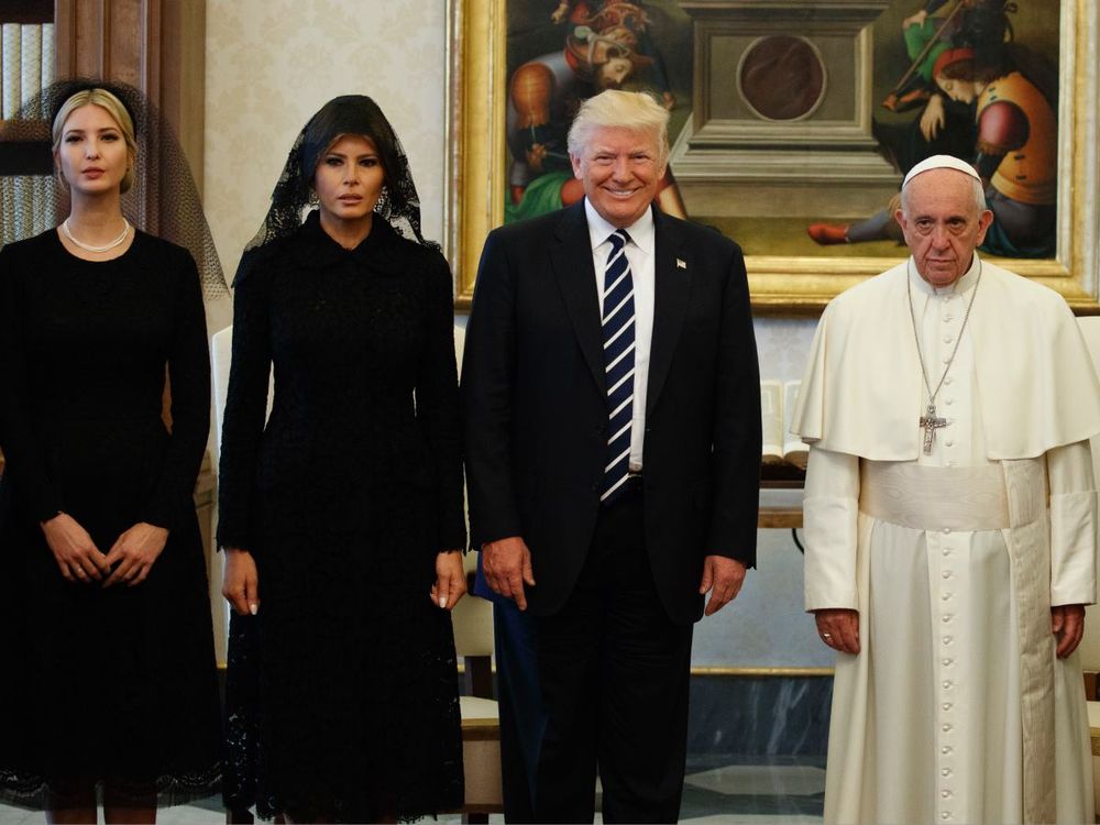 President Trump, Melania, and whatshername the daughter he likes, visiting Pope Francis circa 2017. Trump is grinning like he just farted, the other three appear to be in mourning. 