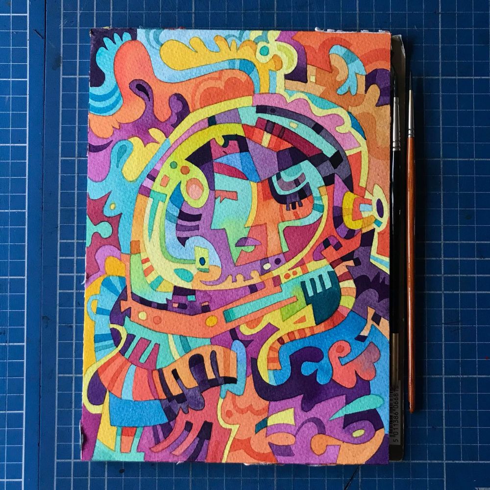 A painting of an astronaut made up of interlocking coloured shapes. 