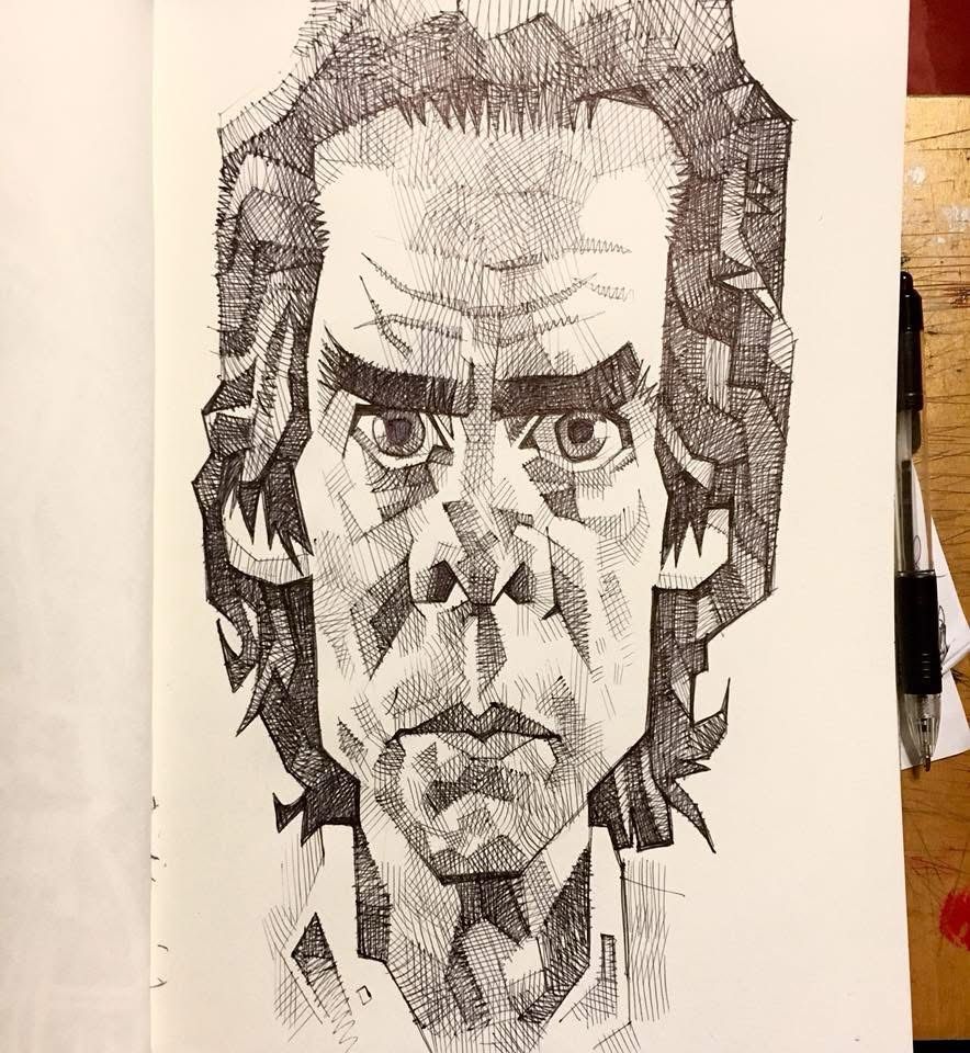 A portrait of Nick Cave in ballpoint pen 