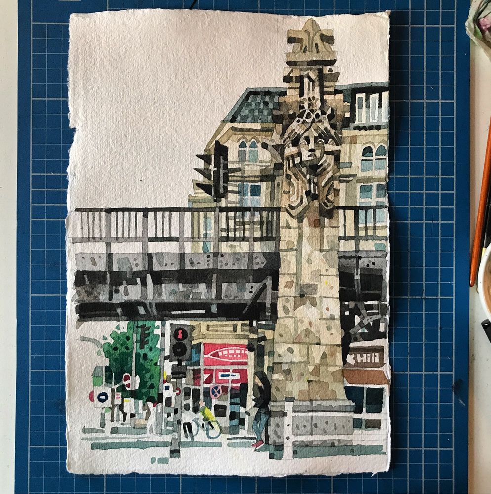 A watercolour painting of part of a bridge in Berlin on deckled edge paper. 