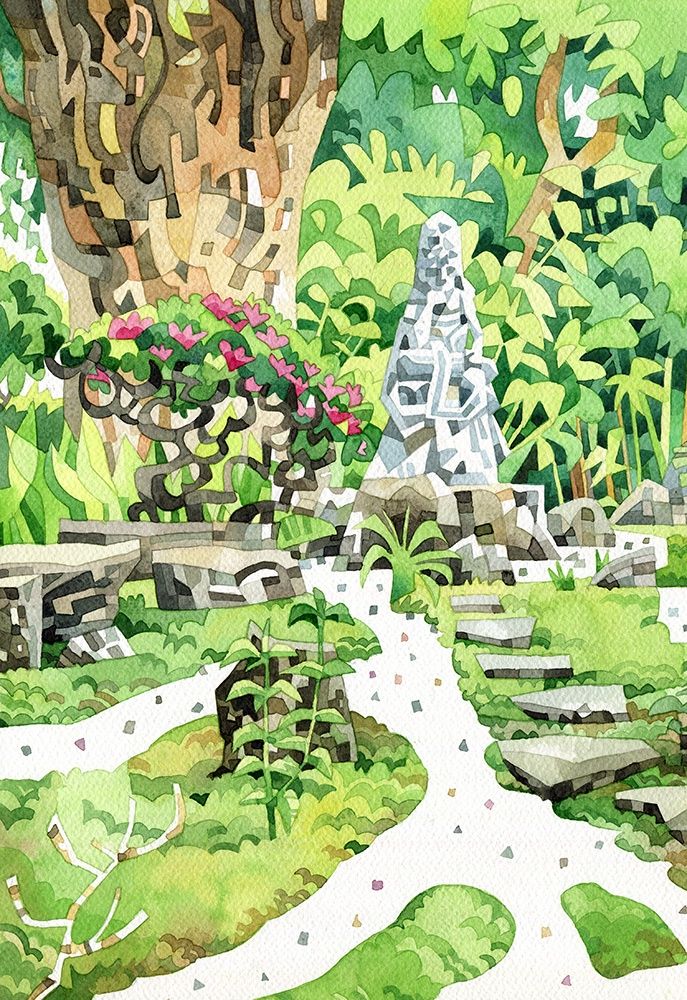 A watercolour painting of a path leading through the Hokokuji temple towards a statue. 