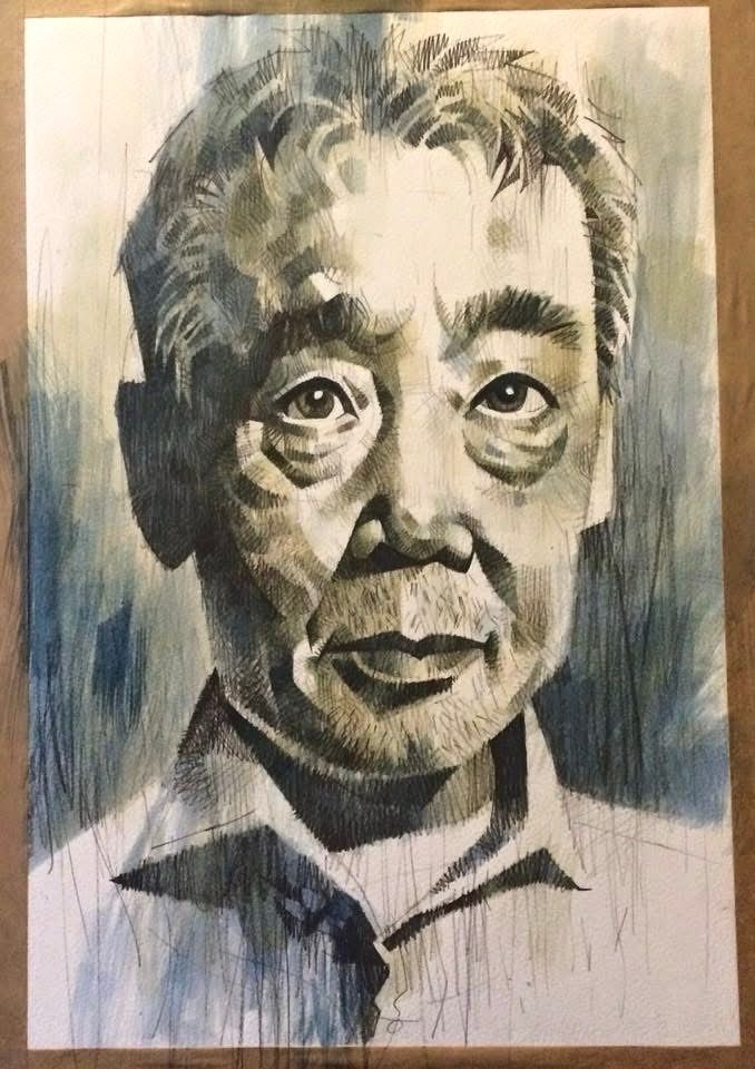 A portrait of Haruki Murakami in pencil and watercolour. 