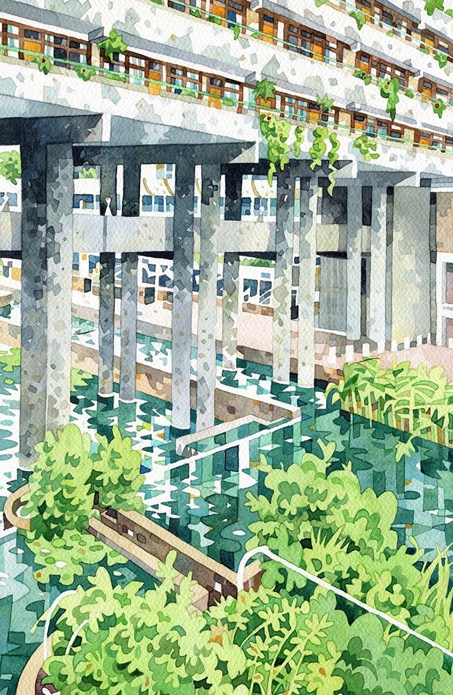 A watercolour painting of the Barbican estate in London showing the water and plants. 