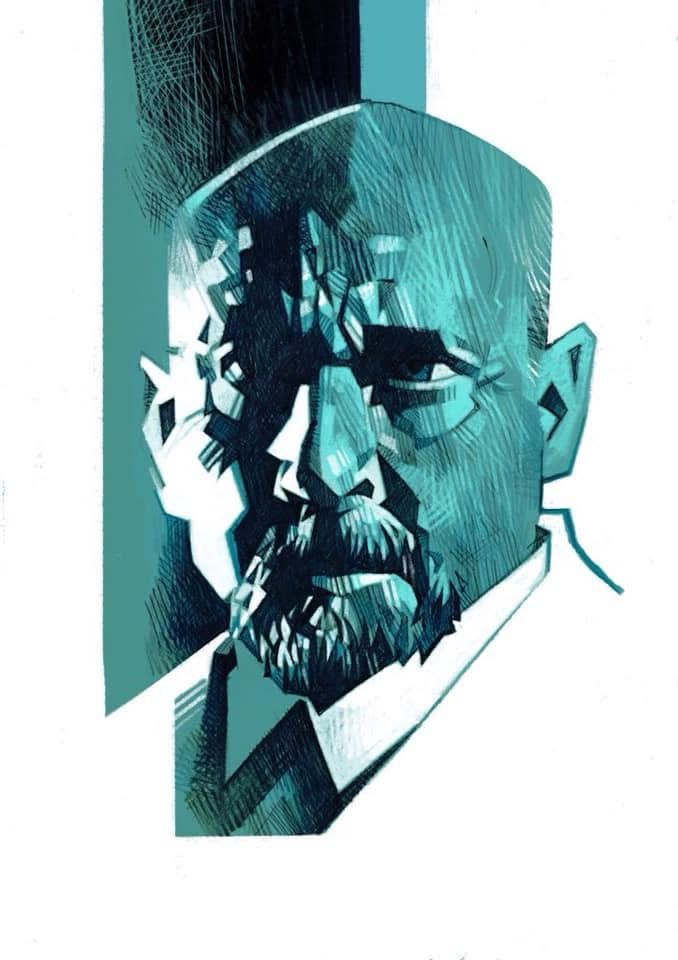 A drawing of Donald Pleasence