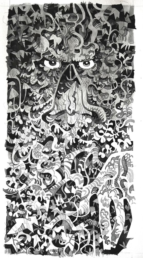 A drawing of Swamp Thing in shades of grey. 