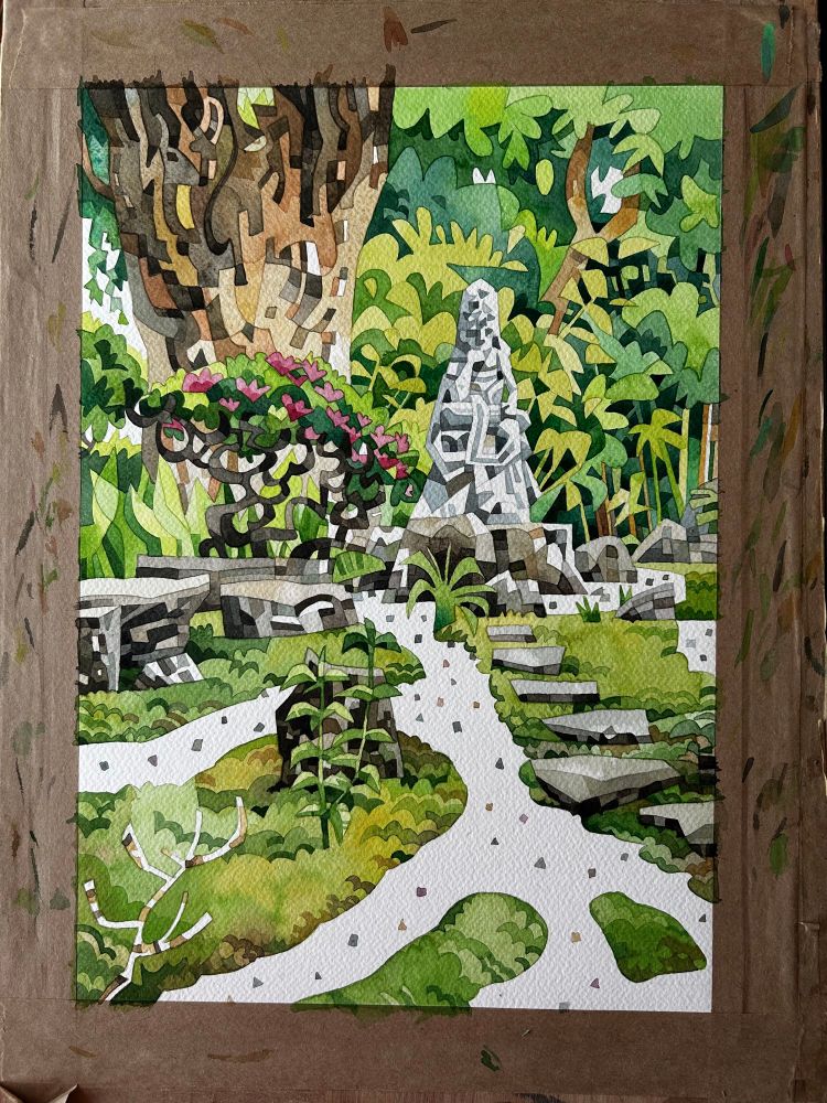 A watercolour painting of the gardens of the Hokokuji shrine in Kamakura. 