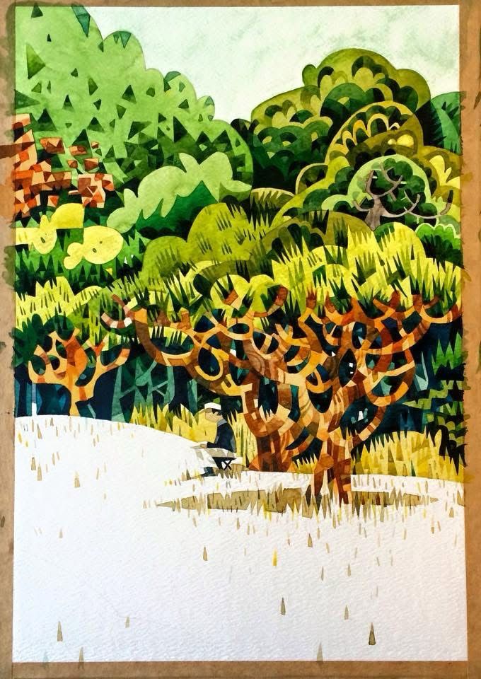 A watercolour painting of a tree in Shinjuku Gyoen, Tokyo. 