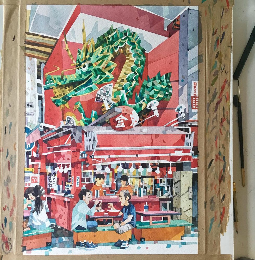 A painting of the famous Kinryu ramen restaurant in Osaka featuring the ornamental dragon. Watercolour. 