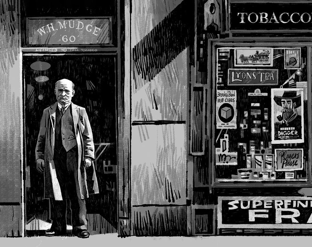  A black and white illustration of a shop keeper standing in front of his general store 