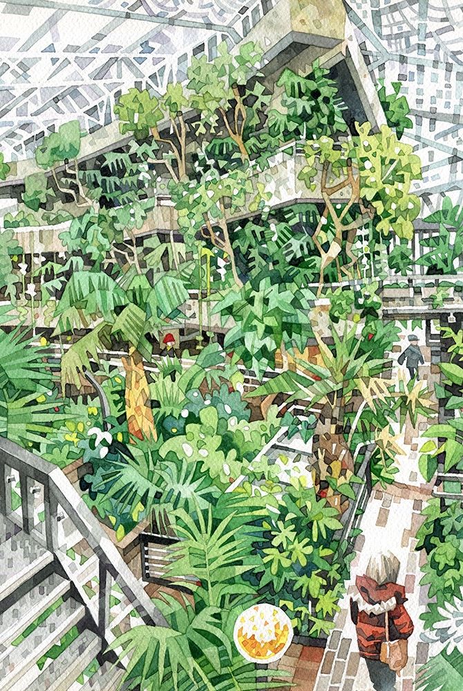 A watercolour painting of the Barbican Conservatory. 