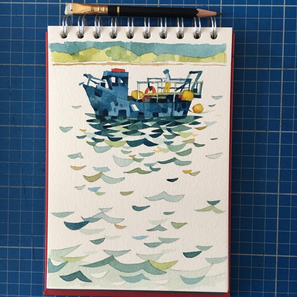 A watercolour painting of a boat floating in the sea with a lot of white negative space. A pencil is next to the sketchbook to show scale. 