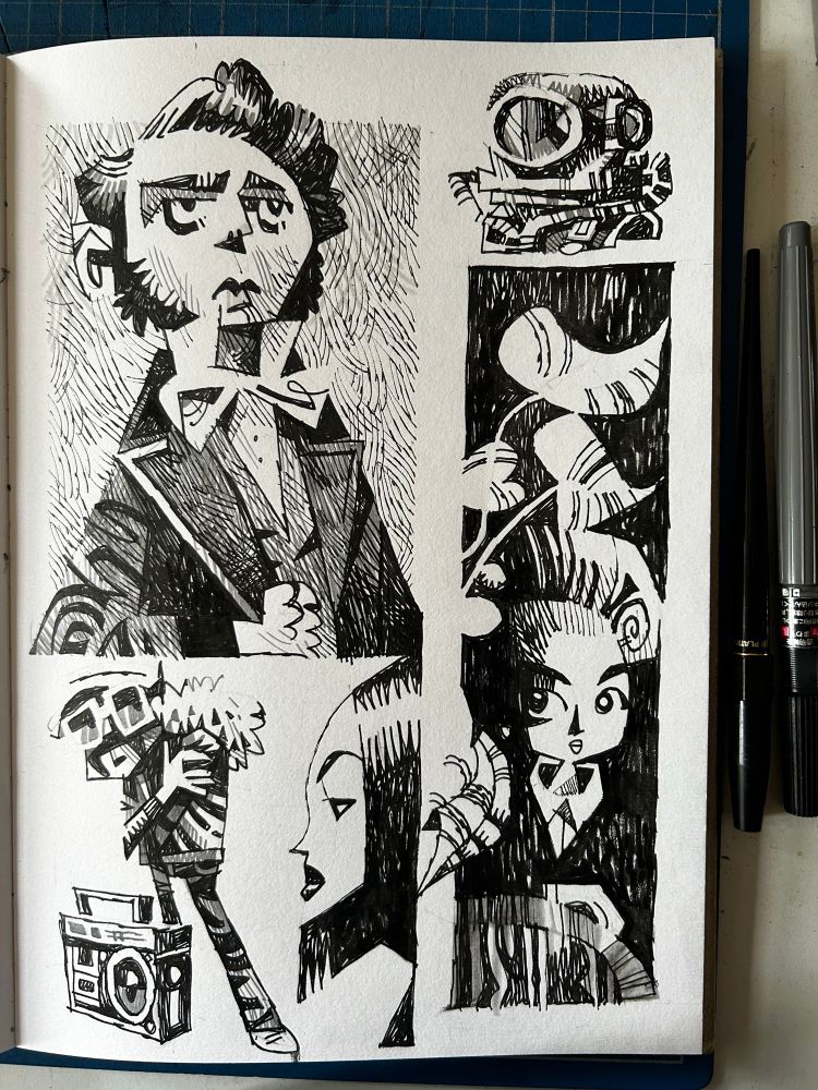 A sketchbook page featuring various drawings in black and white including an Edwardian gent, a woman with a sharp bobbed haircut and a woman sitting amongst plants. 