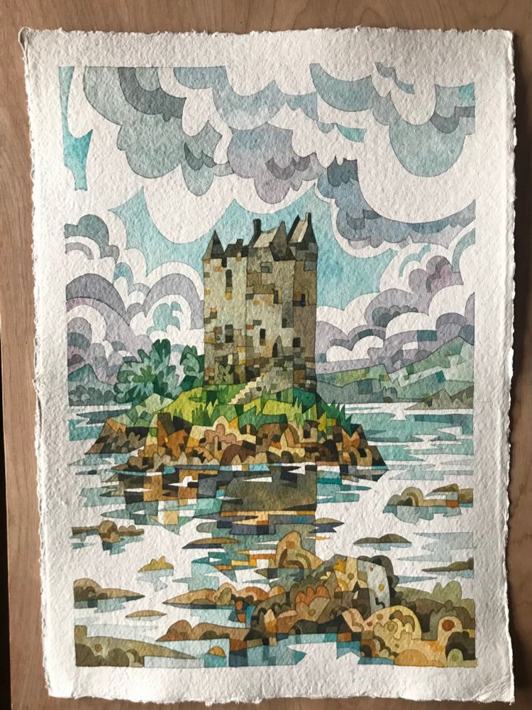 A painting of Castle Stalker. 
