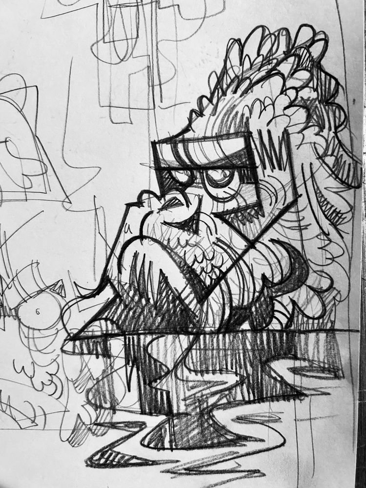 Pencil sketch of the previous image - an aquatic gorilla monster in water. 
