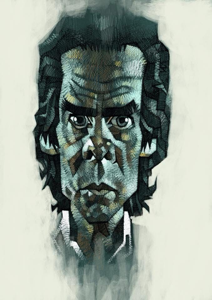 A portrait of Nick Cave in ballpoint pen with digital colour. 