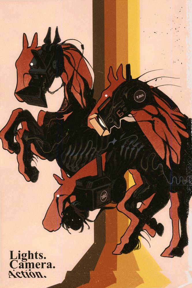 Digital illustration resembling an old newspaper advertisement. Three black horse-shaped things stand together. One has the head of a studio camera, the other has a head like a studio light, while the third has a featureless face with more biomechanical elements. The horses are rendered with an organic, ridged texture, with dull highlights resembling wave-form shapes. In silhouette behind them are more normal-looking horse shapes mimicking their poses. Text in the bottom corner reads 'Lights. Camera. Action'. In the background are four stripes in a gradient from brown to yellow. There is some measure of wave-shaped distortion around the bottom of the picture. 