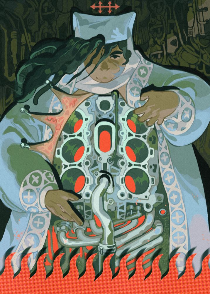 Drawing of a person in a religious dalmatic robe and headwear resembling a nun's habit. They are pulling open their robe and skin to reveal a V6 engine block underneath. On one side, their skin is pinned back as if during a dissection. Their expression is neutral. Dark hair flows free from their headdress, obscuring one eye, and flames rise up from the bottom of the image. The background is made up of machine parts cast in shadow. 