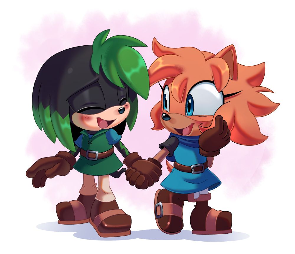 Sparks the Echidna and Arrow the Hedgehog holding hands. Both are blushing and smiling at each other.