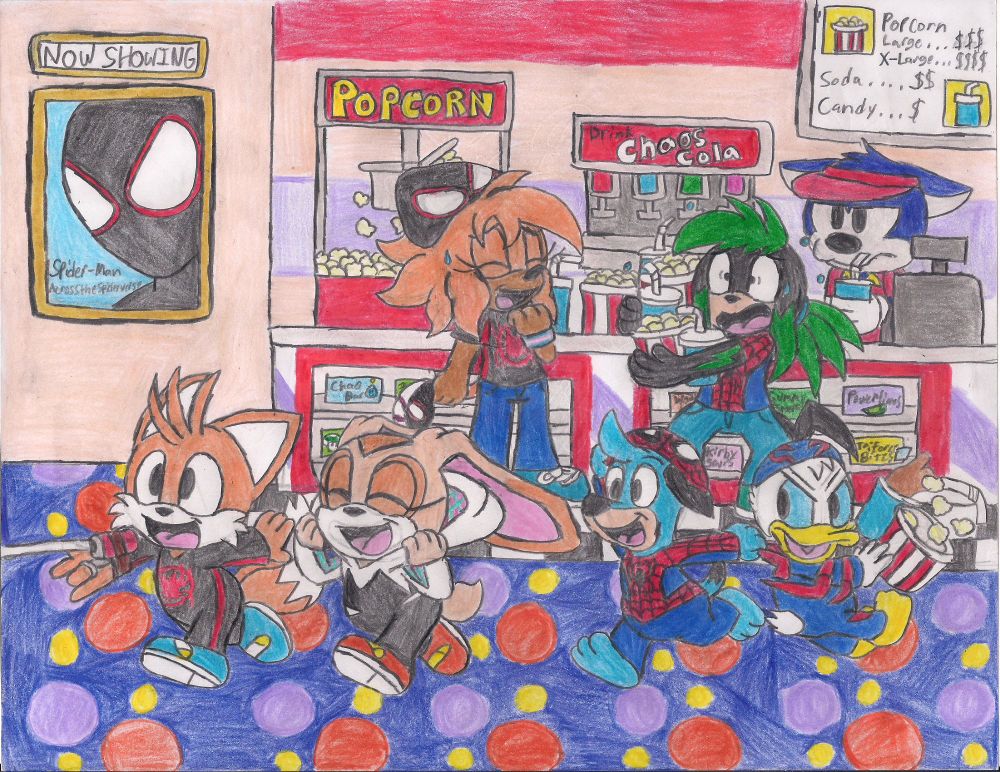 Sparks and Arrow take the kids to the movies. Tails, Cream, Huck, and Donald are all causing chaos in the lobby. Sparks is panicking trying to tell the kids to settle down.