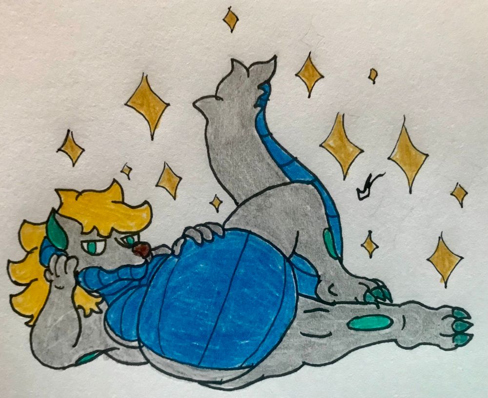 Thealous the wuffderg laying on his side, facing you, right hand on the side of his head while the other lays on his circular belly. He smiles at you happily