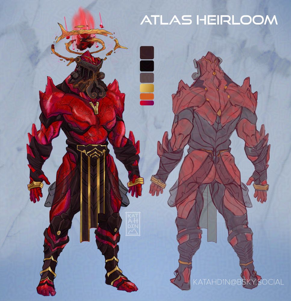 Character turnaround of my fan concept for Atlas Heirloom skin from Warframe. He is based on the Greek myths of the Titans. He has red skin and black clothing with gold accents. He has spikes on his shoulders and forearms.