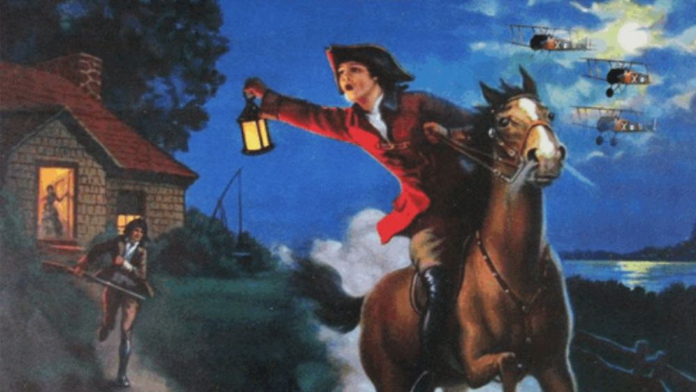 A picture of Paul Revere on a horse with a lantern warning "The British are coming" 