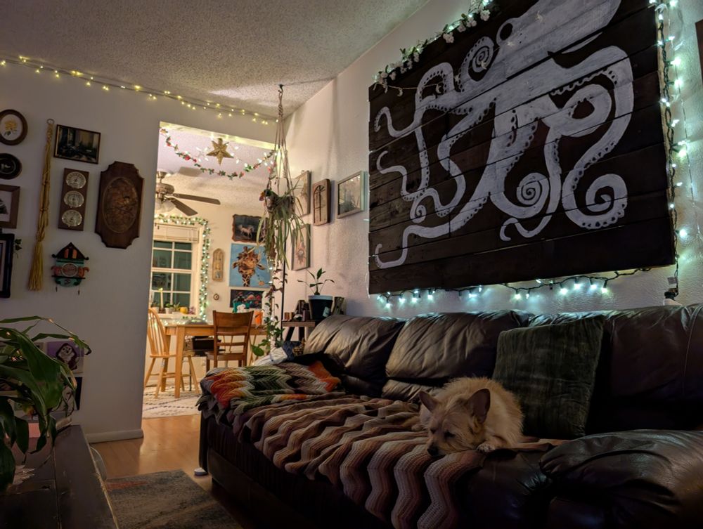 A cozy nighttime photo of Milo, a small tan chorkie, asleep on a brown leather couch on a brown and tan afghan. The room is lit with warm white string lights and there is a giant pallet art octopus hanging on the wall above the couch and plants everywhere. 