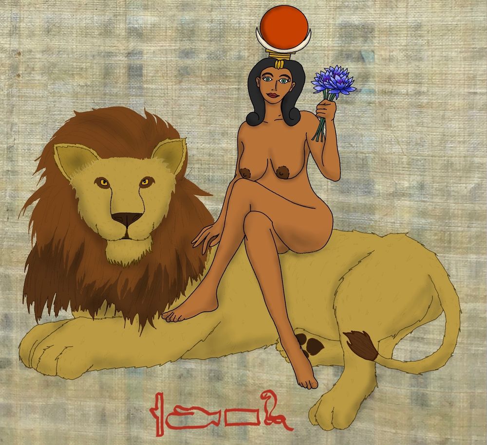 The Goddess Qedesh sits on a lion holding a bunch of blue lotus flowers, with Her name written in hieroglyphs beneath, against a papyrus background.