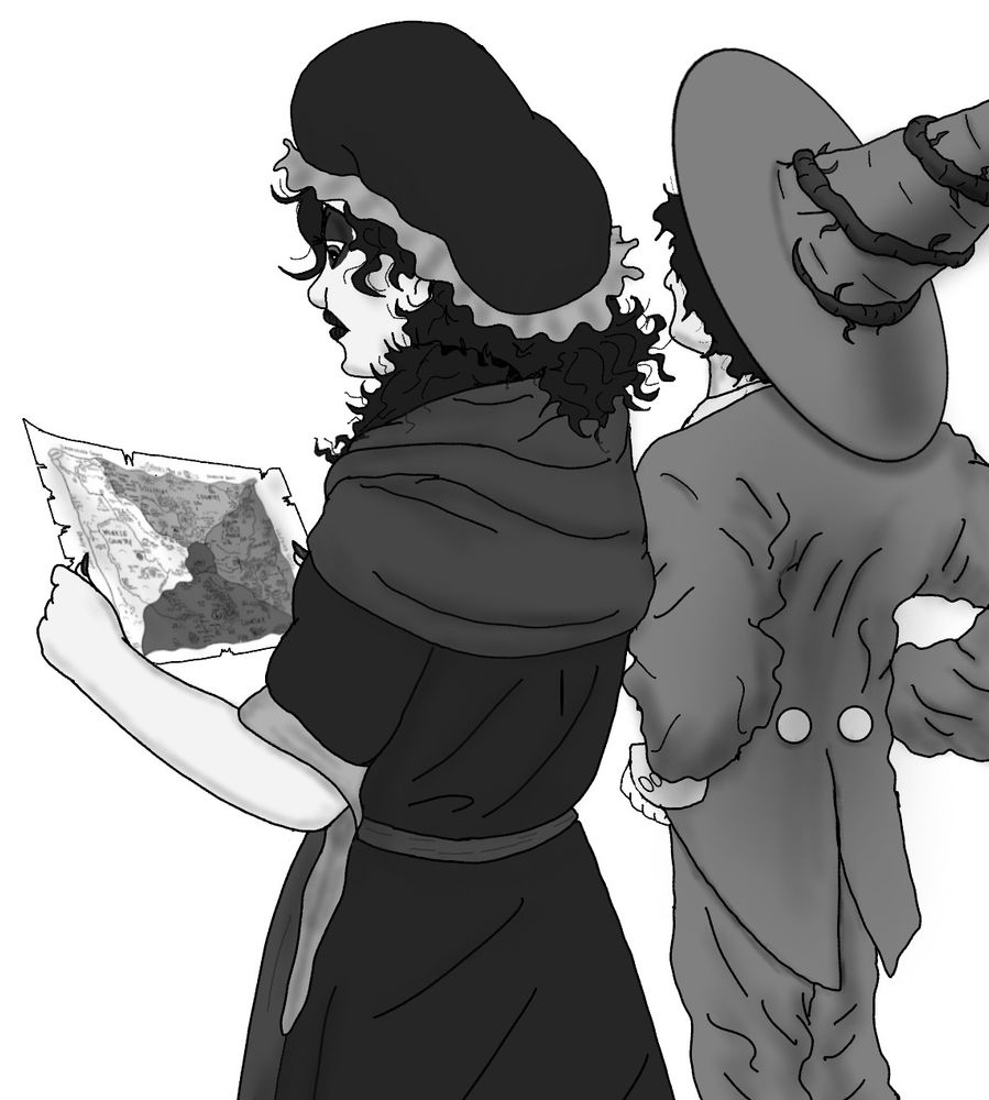 Zinnia holds a map of Oz, wearing a weary expression in anticipation of their dangerous journey, while Woot looks on confidently. 