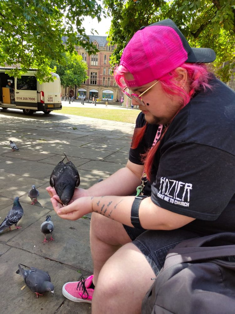 Pic of Dagger sitting on a bench holding a black pigeon which is eating out of their hand. They are dressed mainly in black with pink hair and accessories (hat, lanyard, shoes) 