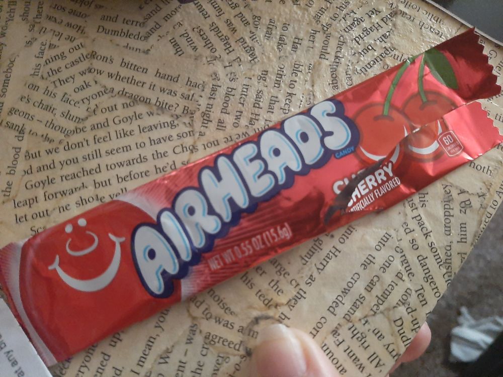 Pic of an (empty, barely put back together) airheads wrapper. It's cherry flavour 
