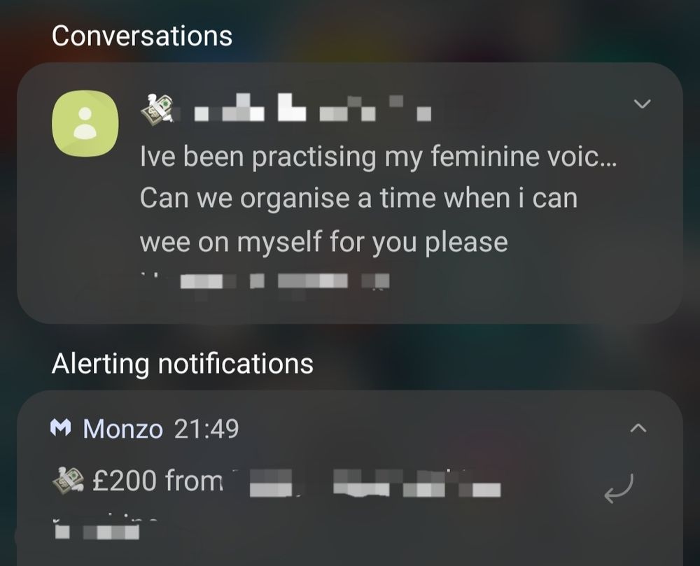 Partially Censored Screenshot of 2 notifications. One is a text message preview that reads "I've been practising my feminine voice... Can we organise a time when I can wee on myself for you please" and a Monzo notification saying I received £200 from [redacted] 