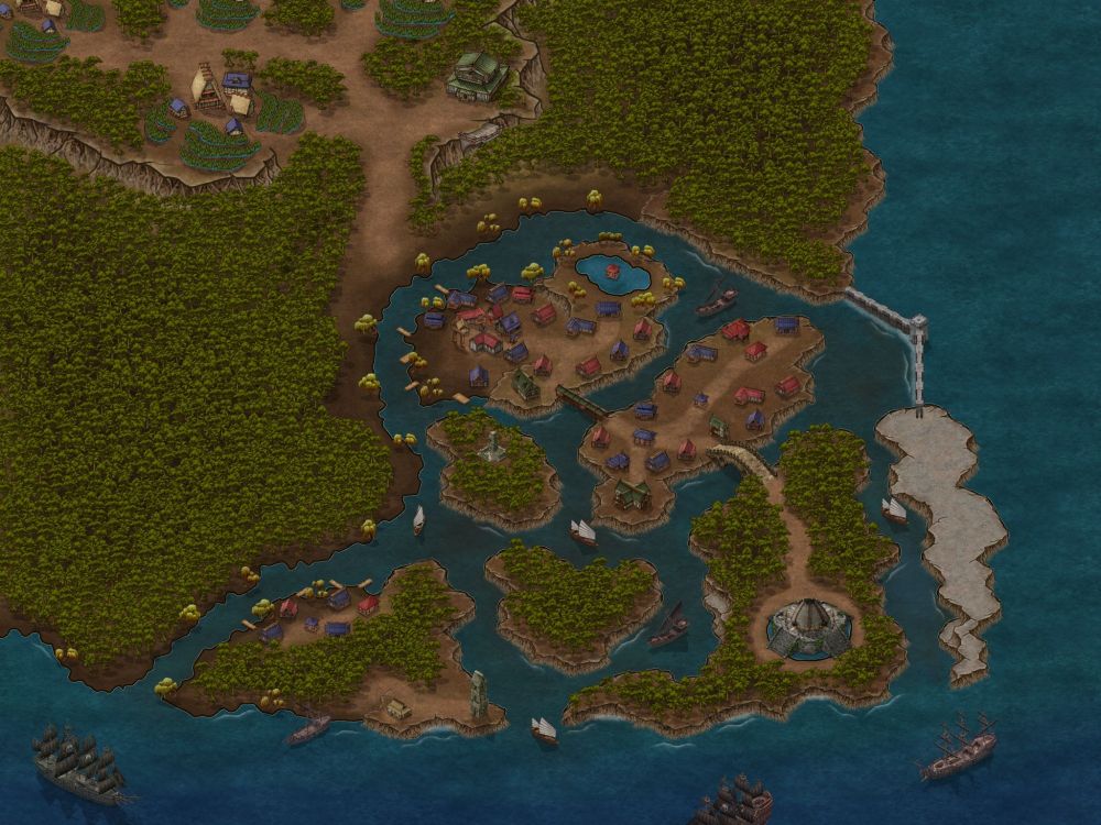 A much more detailed version of the previous map with jungles, cliffs edges added, a huge damn, more detailed water, and a more realized village on the rivers with docks and clear pathways