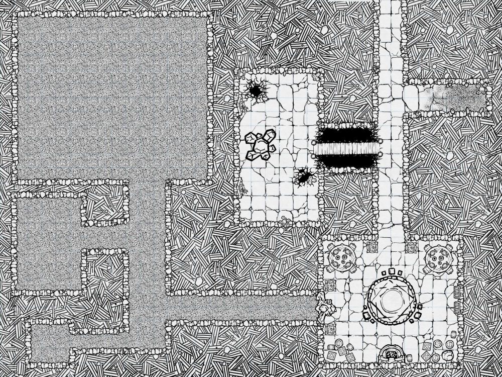 An old school style dnd map with half of it being an incomplete section and the other half consisting of a long hall that ends in a ritual room. In the ritual room is a fireplace, statue, two tables with 4 dining sets, and chairs. There's also some boxes & barrels scattered about in the corners. The hall also has two offshoot paths with one being a cave being dug out with small crystals near the end and the other being a rope bridge over a chasm. Across the chasm is a large room with a big crystal in the center and holes in the floor with smaller crystals poking out. Small crystals in that room also poke out from the walls. 