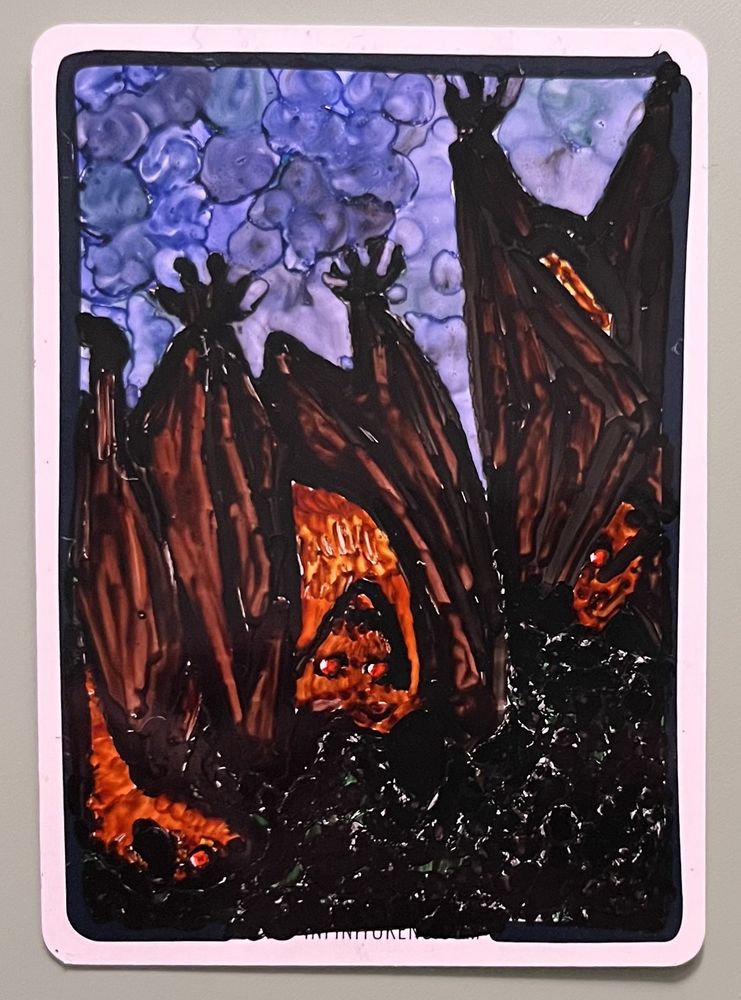 A drawing of three brown-and-black vampire bats hanging upside down by their feet, eyes open, with darkness below them. Marker on infinitoken.